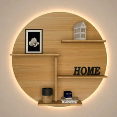 Circle Shape Backlit Wood Wall Shelf / Book Shelf / Night Light, Oak Finish - All India Decor
