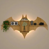 Bat Shape Wood Wall Shelf / Book Shelf / Night Light, Light Oak Finish - All India Decor