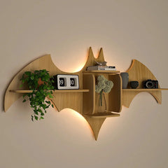Bat Shape Wood Wall Shelf / Book Shelf / Night Light, Light Oak Finish - All India Decor
