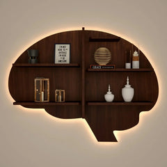 Brain Shape Backlit Wood Wall Shelf / Book Shelf / Night Light, Walnut Finish - All India Decor