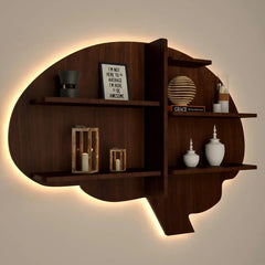 Brain Shape Backlit Wood Wall Shelf / Book Shelf / Night Light, Walnut Finish - All India Decor