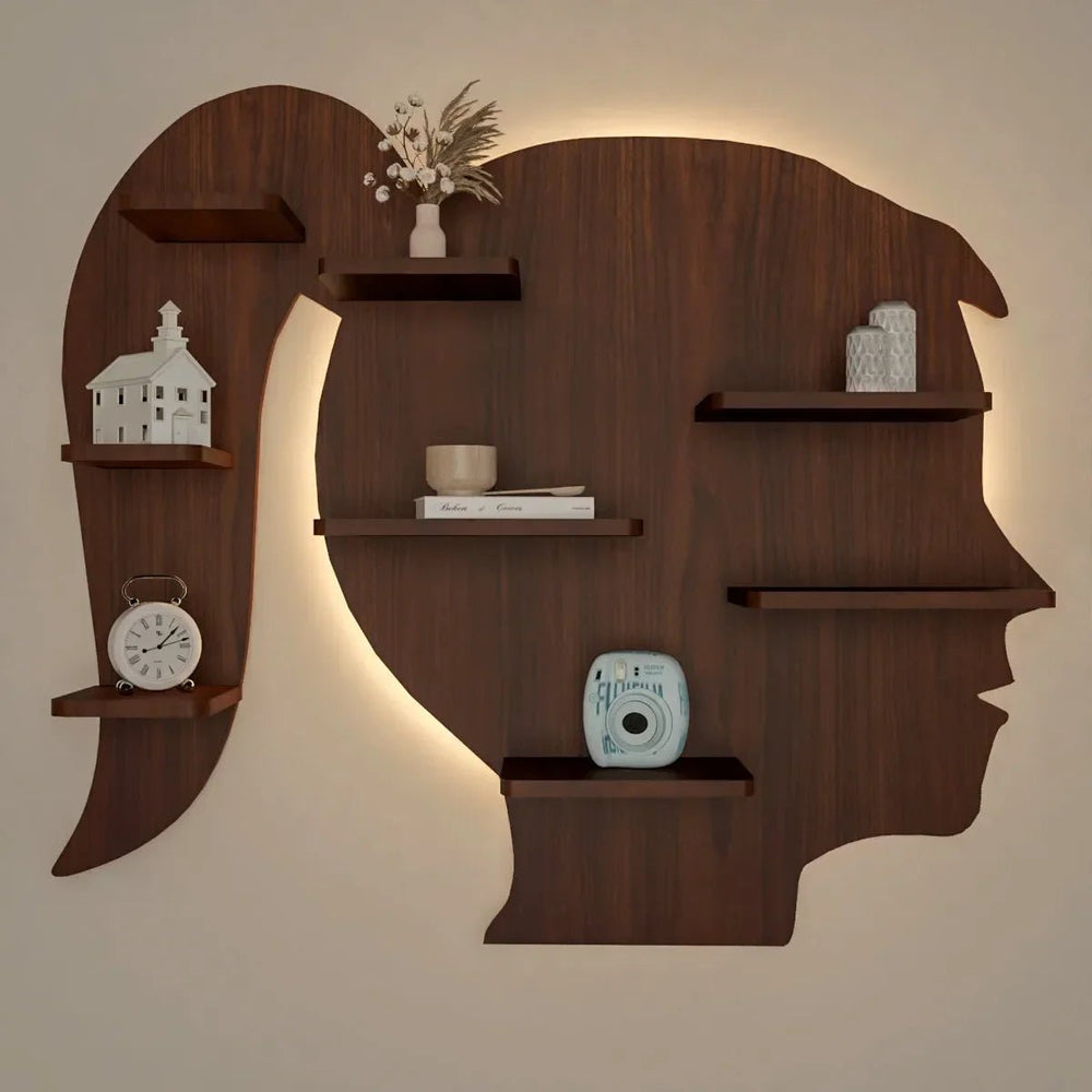 Girl Backlit Wood Wall Shelf / Book Shelf / Night Light, Walnut Finish - All India Decor