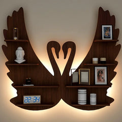 Loving Swan Backlit Wood Wall Shelf / Book Shelf / Night Light, Walnut Finish - All India Decor