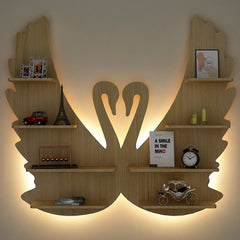 Loving Swan Backlit Wood Wall Shelf / Book Shelf / Night Light, Light Oak Finish - All India Decor