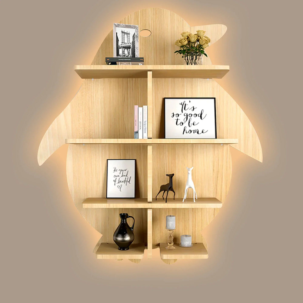 Penguin Backlit Wood Wall Shelf / Book Shelf / Night Light, Walnut Finish - All India Decor