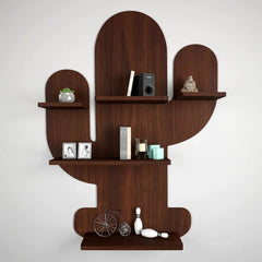 Cactus Shape Wood Wall Shelf / Book Shelf, Walnut Finish - All India Decor