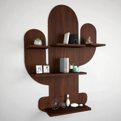 Cactus Shape Wood Wall Shelf / Book Shelf, Walnut Finish - All India Decor