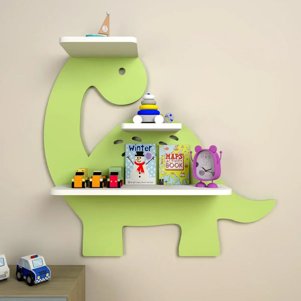 Dinosaur - Shaped Kids Wooden Shelf (Green) - All India Decor