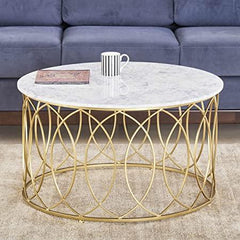 Gold Metal With White Marble Top Round Coffee Table - All India Decor