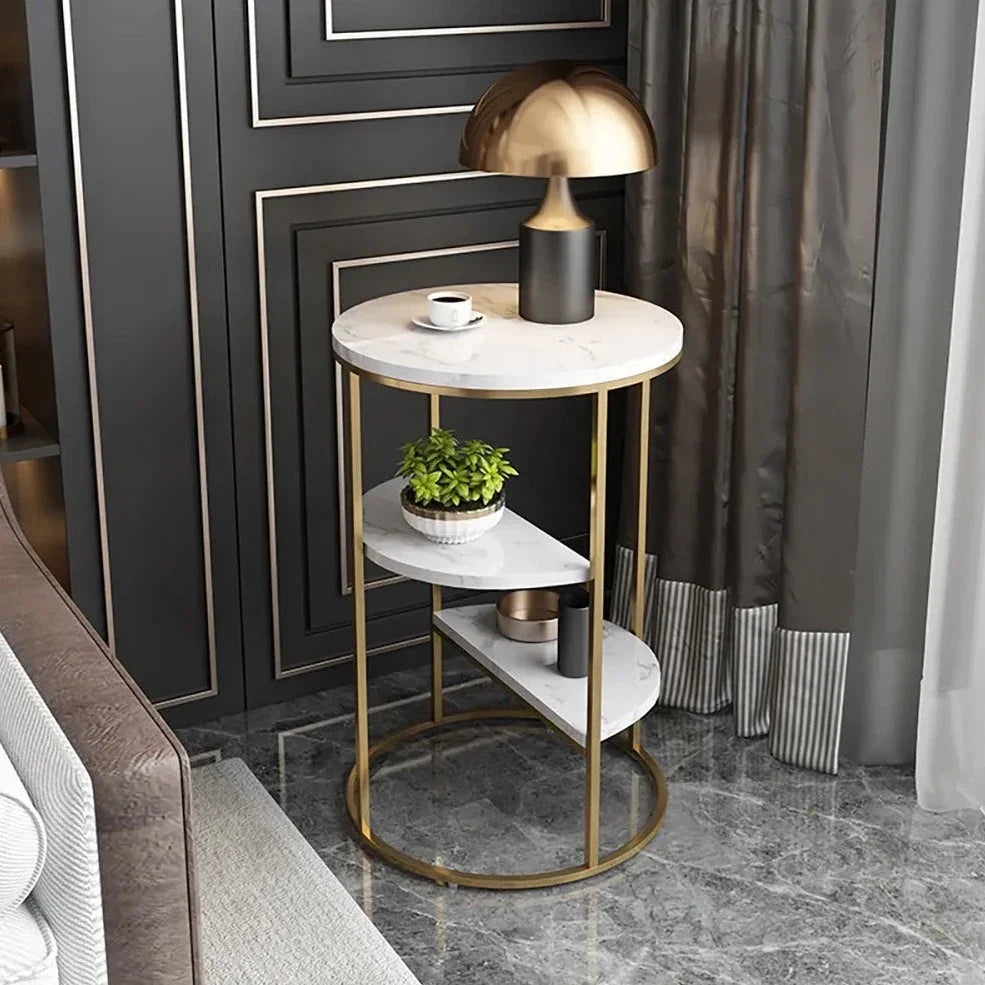 Gold End Table With 3 Tier Marble Shelf - All India Decor