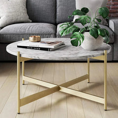 Minimalist Metal Coffee Table In Criss Cross Matte Gold Base - All India Decor