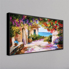 House near the sea colorful flowers wall painting - All India Decor