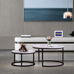 White Marble Round Iron Stand Coffee Tables Set of 2 (Black) - All India Decor