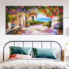 House near the sea colorful flowers wall painting - All India Decor