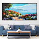 House near the sea coast colorful flowers wall painting - All India Decor