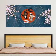 Koi Fish With Cherry Blossom Centered Red Circle Art Wall Painting - All India Decor