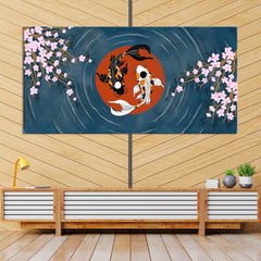 Koi Fish With Cherry Blossom Centered Red Circle Art Wall Painting - All India Decor