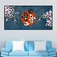 Koi Fish With Cherry Blossom Centered Red Circle Art Wall Painting - All India Decor