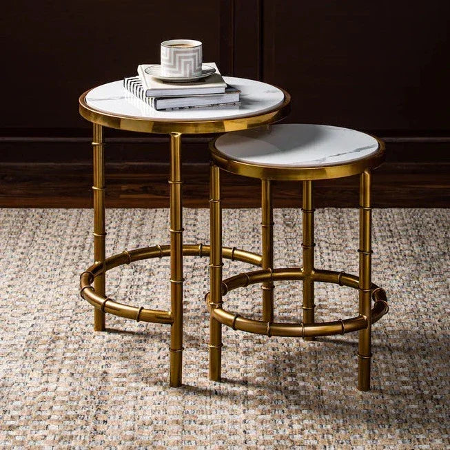 Golden Nesting Table Set of 2 with White Marble - All India Decor