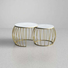 Ornate Rounded Metallic Marble Nested Coffee Table Set of 2 - All India Decor