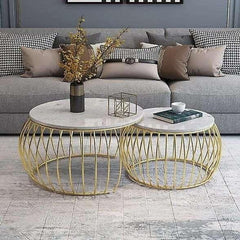 Ornate Rounded Metallic Marble Nested Coffee Table Set of 2 - All India Decor
