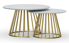 White Marble Round Metallic Stand Coffee Tables Set of 2 - All India Decor