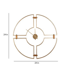 Gold wall clock with dimensions on a white background