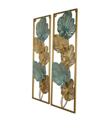 Green and Gold Iron Etching Leaves Rectangular Shape Floral Metal Wall Art, Set of 2 - All India Decor