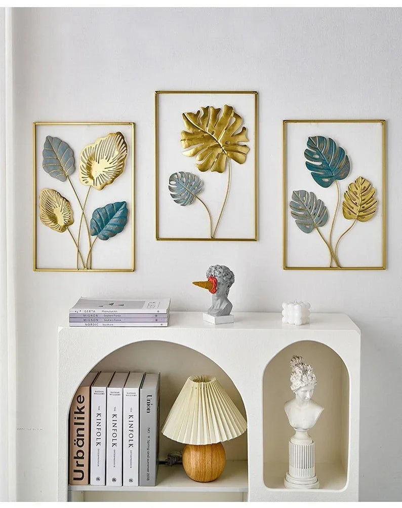 Set of 3 Large Living Room Gold Blue Metal Leaf Iron Home Wall Decor. - All India Decor