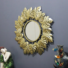 Pretty Golden Leaves Round Mirror Wall Decor - All India Decor