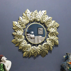 Pretty Golden Leaves Round Mirror Wall Decor - All India Decor