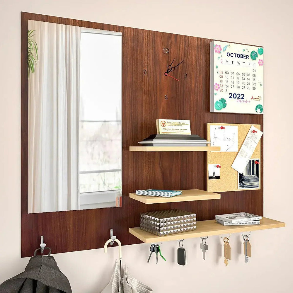 Beautiful (7 In One)' Wooden Wall Organiser With Mirror, Watch, Clipboard, Calendar and Hangers - All India Decor