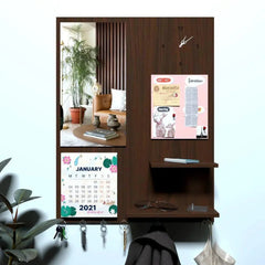 Beautiful (7 In One)' Wooden Wall Organiser With Mirror, Key hangers, Coat Hangers, Pin Board, Clock, Calendar - All India Decor