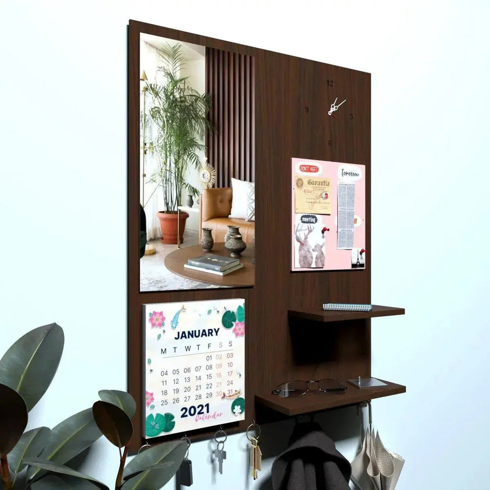 Beautiful (7 In One)' Wooden Wall Organiser With Mirror, Key hangers, Coat Hangers, Pin Board, Clock, Calendar - All India Decor