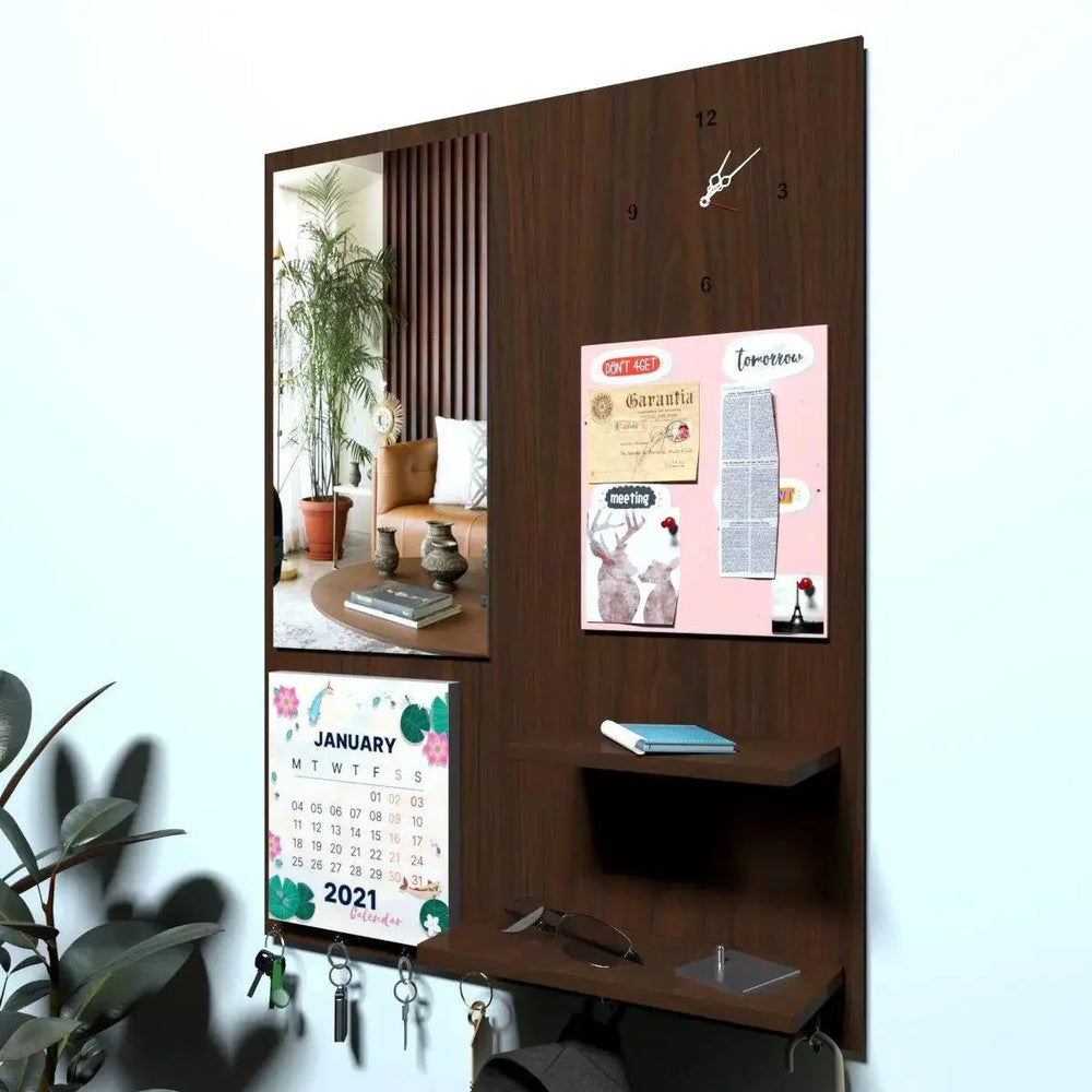 Beautiful (7 In One)' Wooden Wall Organiser With Mirror, Key hangers, Coat Hangers, Pin Board, Clock, Calendar - All India Decor