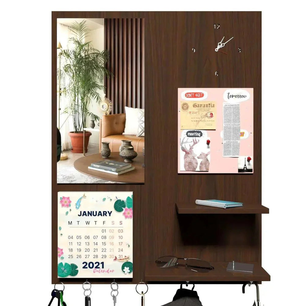 Beautiful (7 In One)' Wooden Wall Organiser With Mirror, Key hangers, Coat Hangers, Pin Board, Clock, Calendar - All India Decor