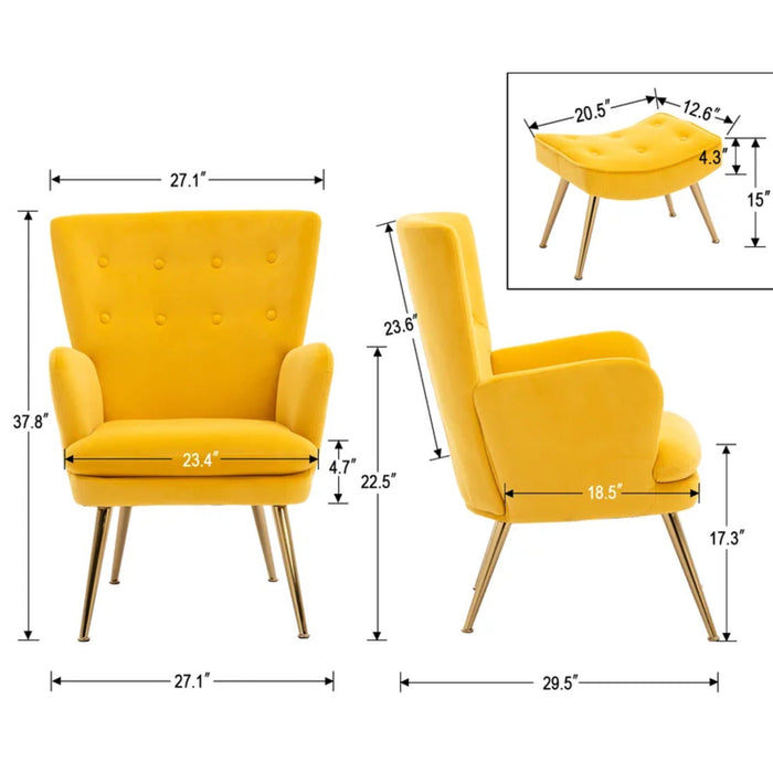 Tufted Long Back Yellow Lounge Chair With Ottoman