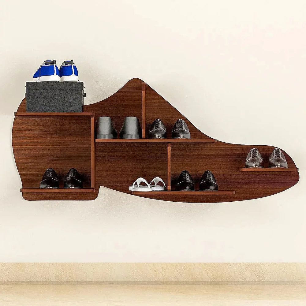 Beautiful Shoe Shape Wood Wall Shelf /Men's Shoe Shelf, Walnut Finish - All India Decor