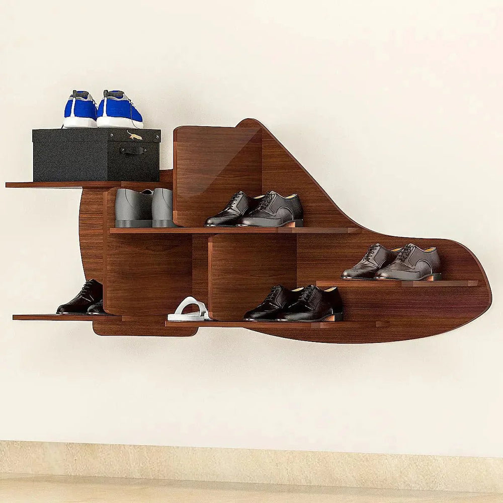 Beautiful Shoe Shape Wood Wall Shelf /Men's Shoe Shelf, Walnut Finish - All India Decor