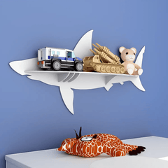 Shark Backlit Wood Wall Shelf / Book Shelf / Night Light, White Color - All India Decor