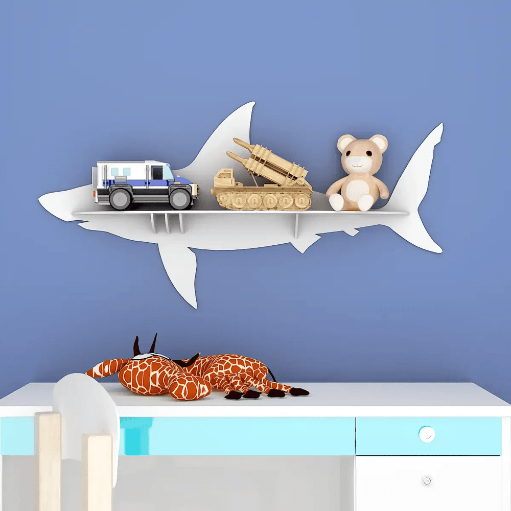 Shark Backlit Wood Wall Shelf / Book Shelf / Night Light, White Color - All India Decor