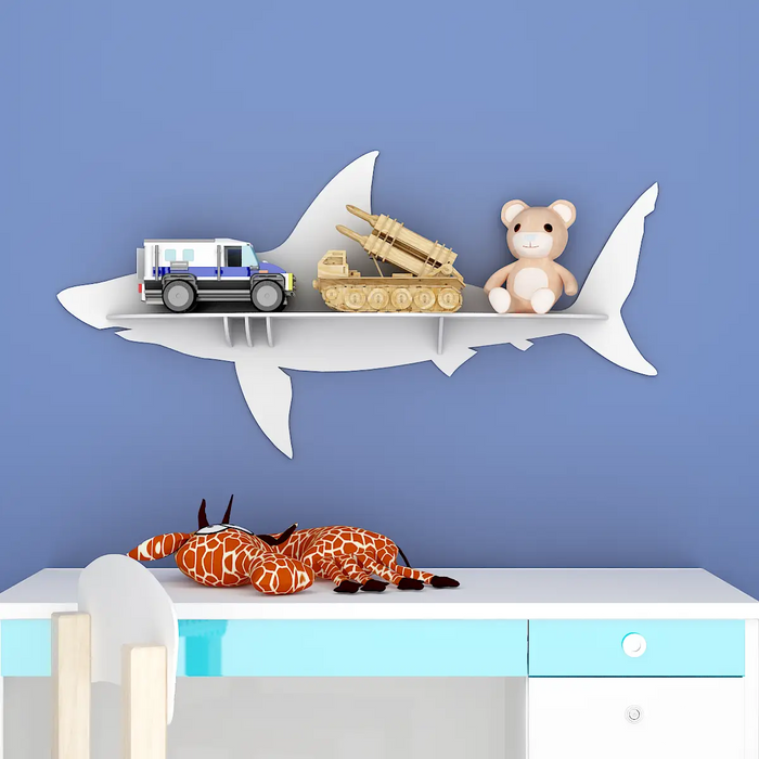 Shark Backlit Wood Wall Shelf / Book Shelf / Night Light, White Color