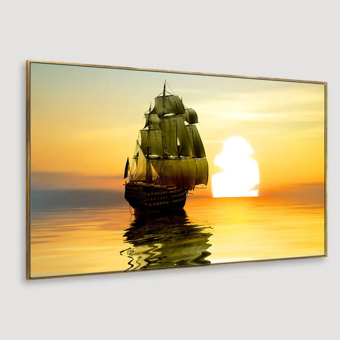 Beautiful Sailing Ship With Sunset Scenery Canvas Big Panoramic Wall Hanging