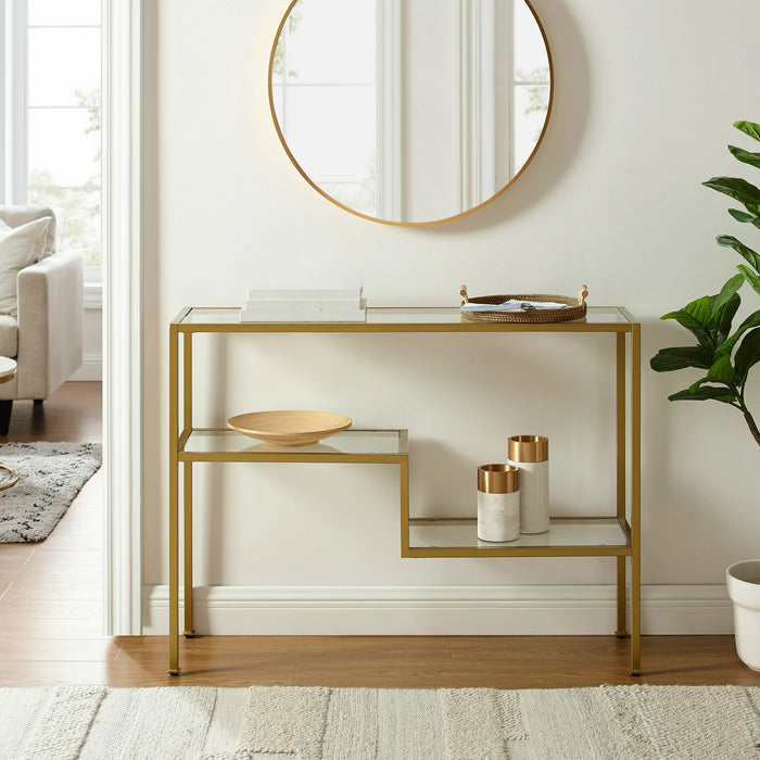 Metal Console Table with Glass Top & Gold Base