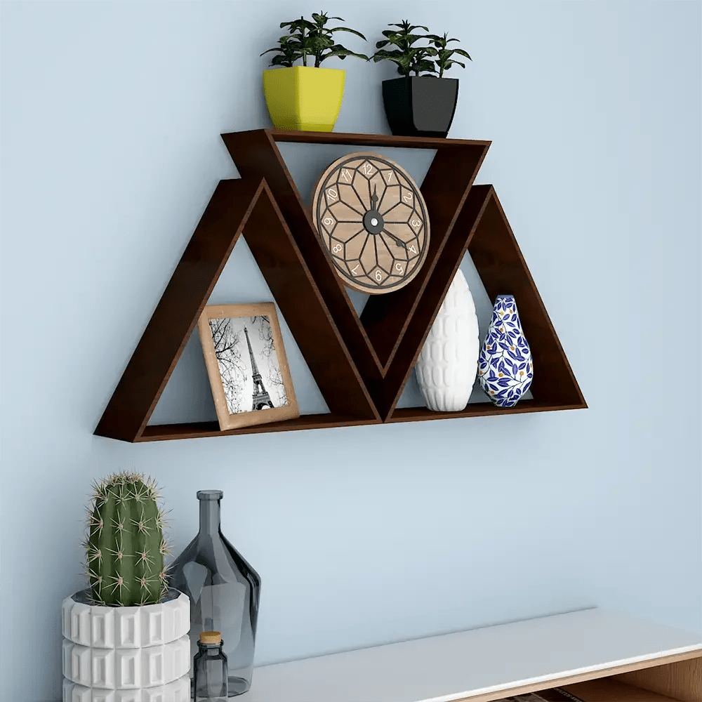 Beautiful Tringle Shape Set of 3 Wood Wall Shelf / Book Shelf, Walnut Finish - All India Decor