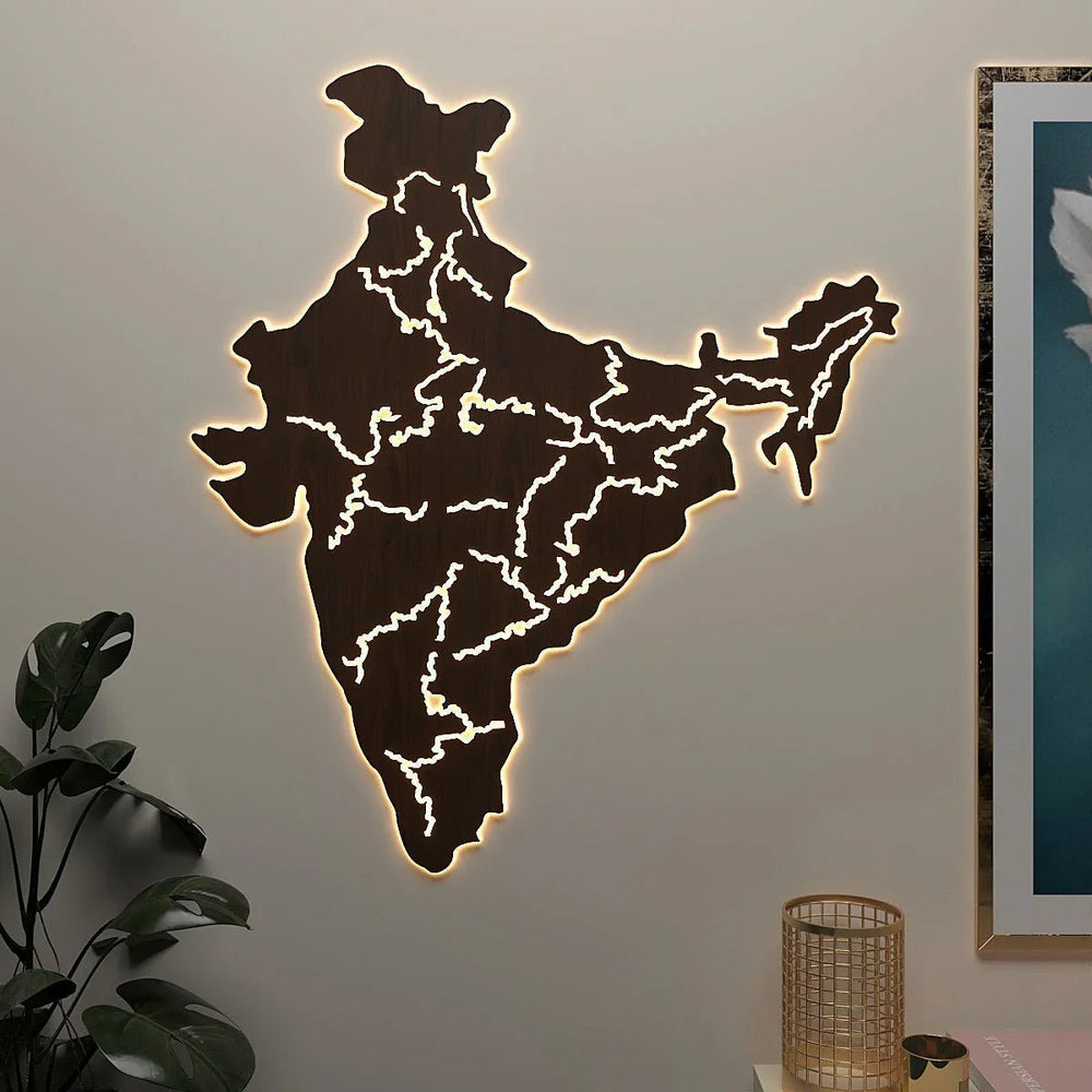 India Map Backlit Wooden Wall Decor with LED Night Light Walnut Finish - All India Decor