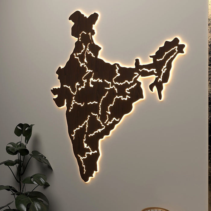 India Map Backlit Wooden Wall Decor with LED Night Light Walnut Finish