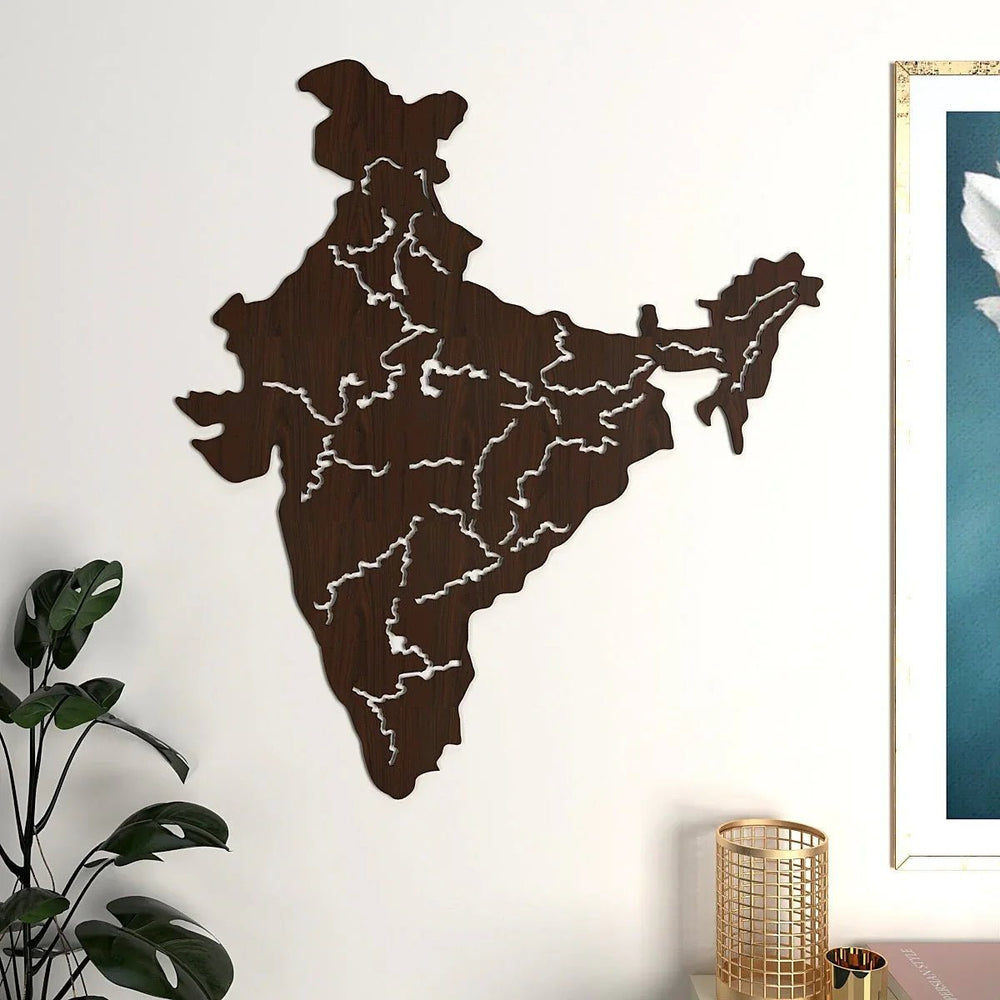 India Map Backlit Wooden Wall Decor with LED Night Light Walnut Finish - All India Decor