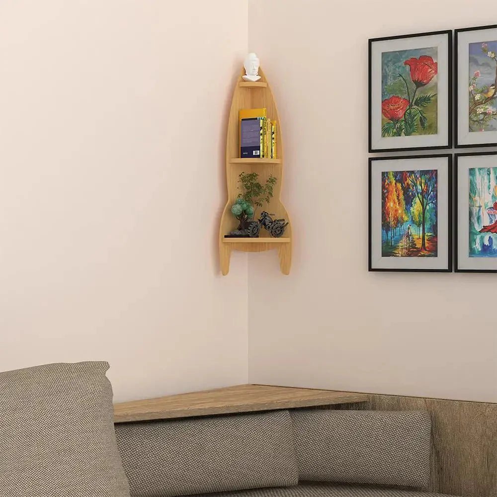 Rocket Shape Wood Corner Wall Shelf / Book Shelf,Oak Finish - All India Decor