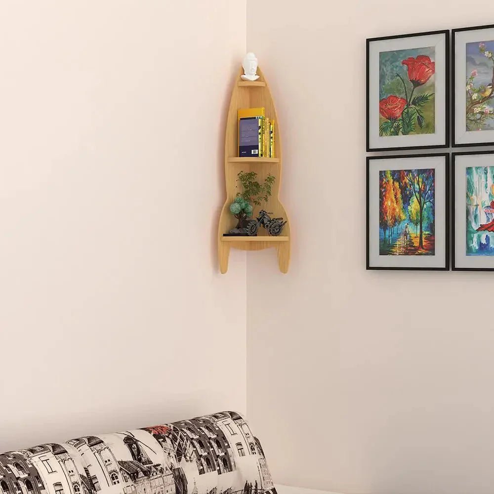 Rocket Shape Wood Corner Wall Shelf / Book Shelf,Oak Finish - All India Decor